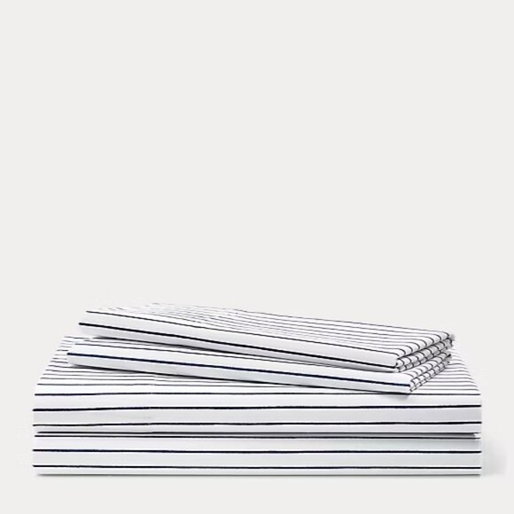 Lauren Home Spencer Sateen Stripe Sheets King White and Navy Stripe New - Picture 1 of 5